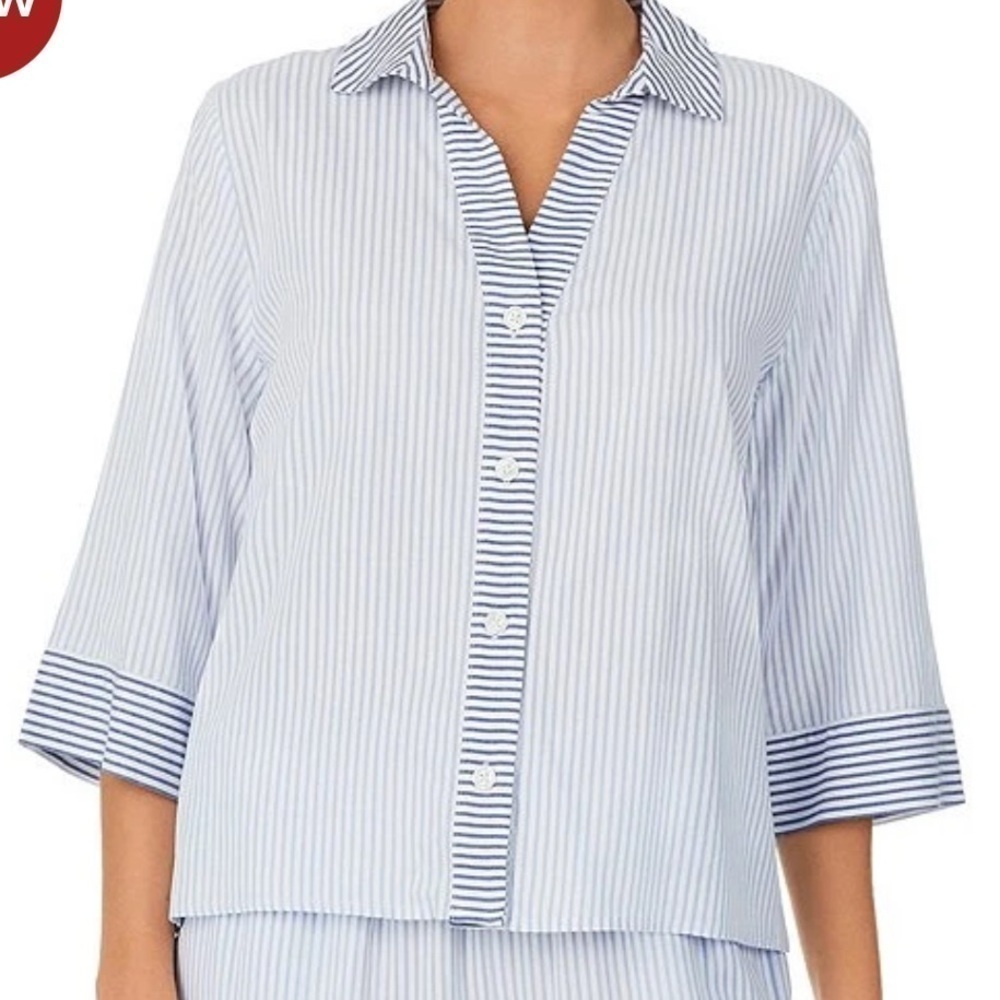 DONNA KARAN Striped Seersucker Notch Collar Button Front Sleep Top Size XL